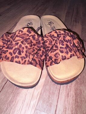 BearPaw Leopard-Print Slide Sandals in Tan and Brown